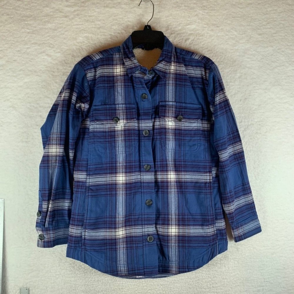 Eddie Bauer‎ Women's Fur Lined Blue Flannel Long Sleeve Plaid Shirt Size XS 8475